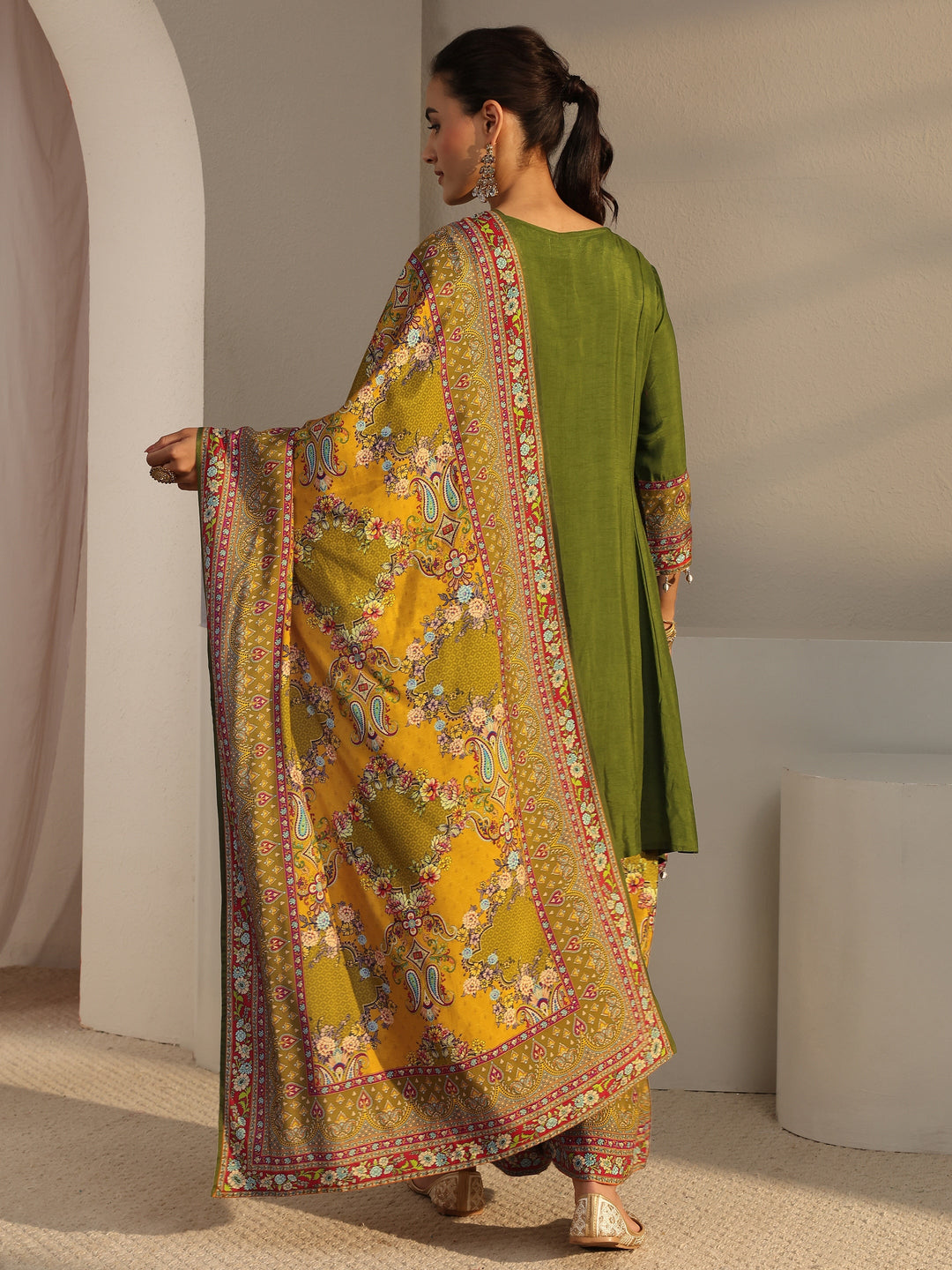 Libas Art Green Ethnic Printed Silk Blend A-Line Suit Set With Dupatta 