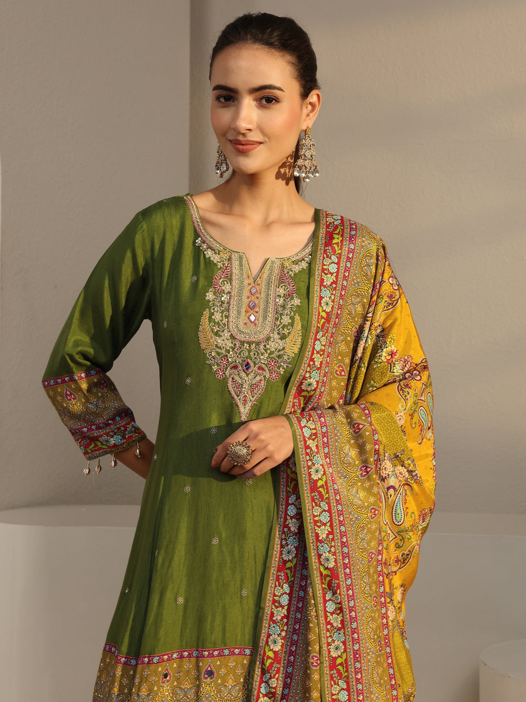  Libas Art Green Ethnic Printed Silk Blend A-Line Suit Set With Dupatta 