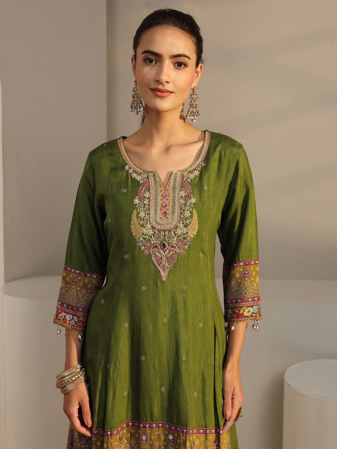  Libas Art Green Ethnic Printed Silk Blend A-Line Suit Set With Dupatta 