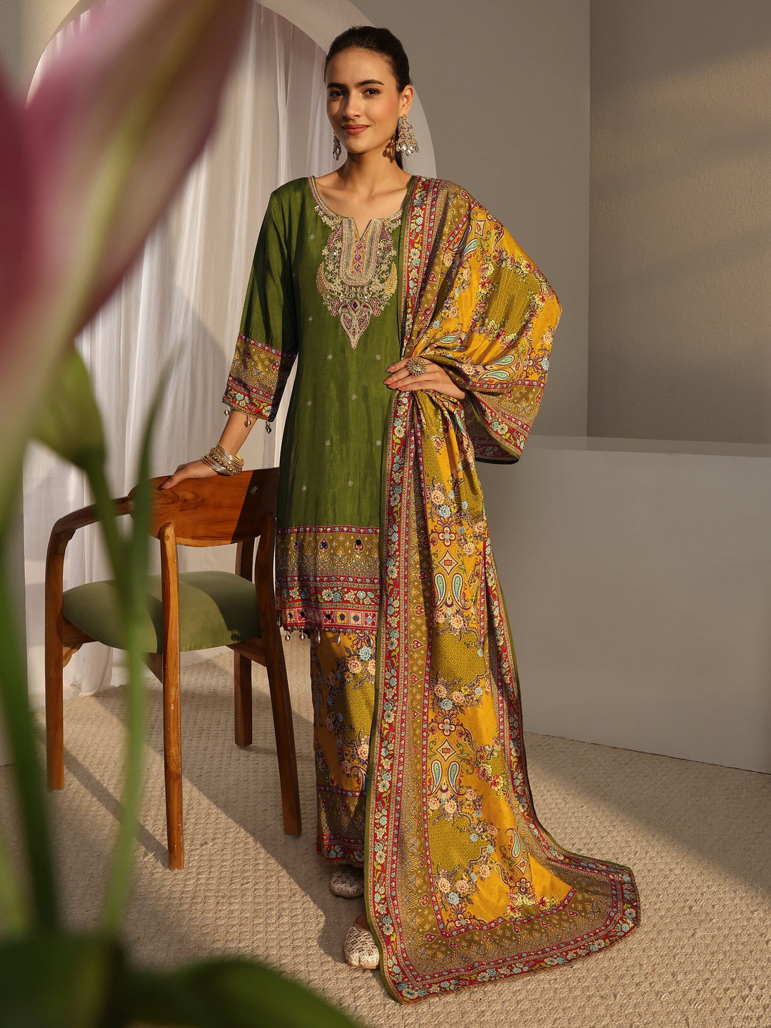  Libas Art Green Ethnic Printed Silk Blend A-Line Suit Set With Dupatta 