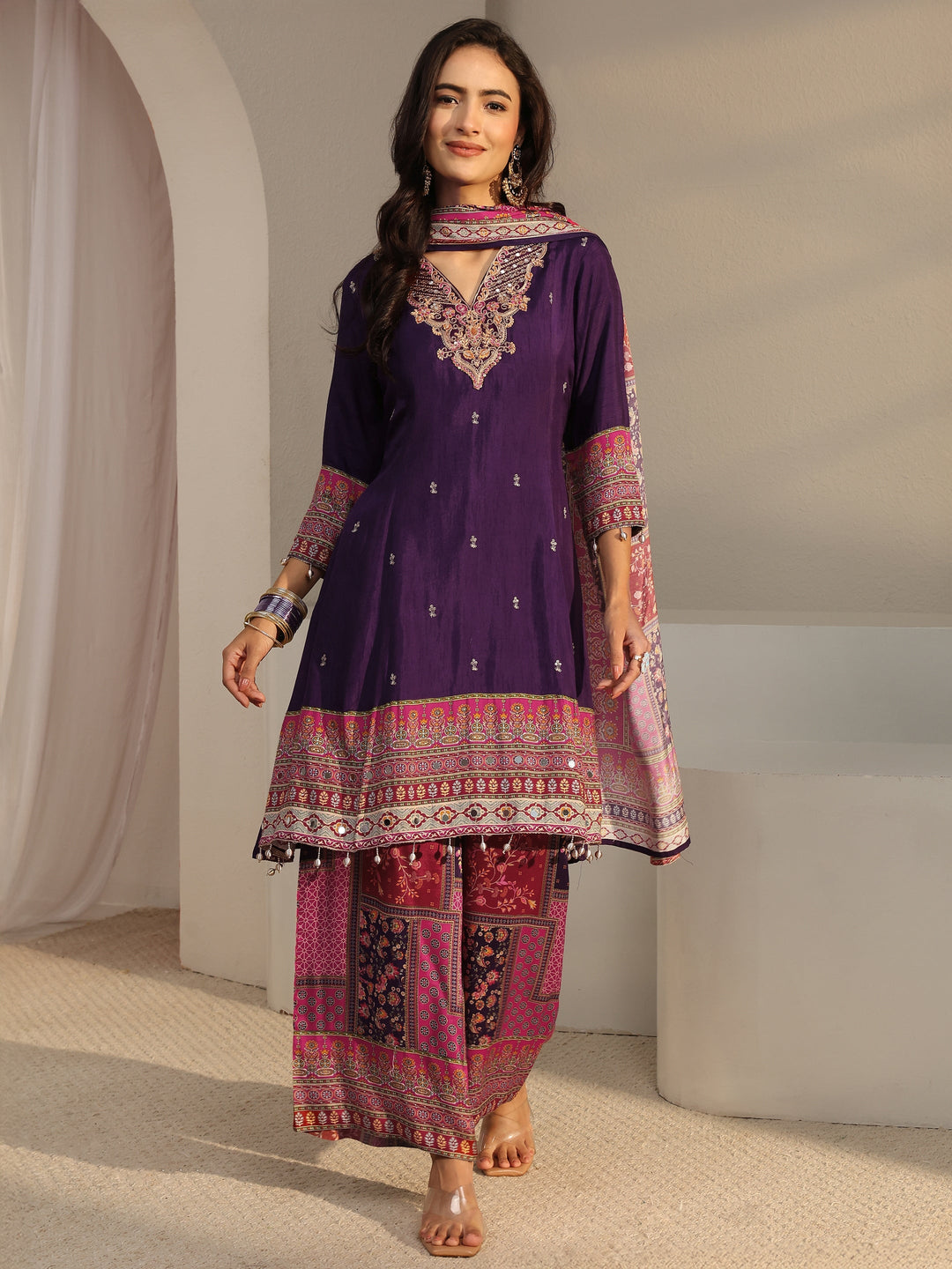  Libas Art Purple Ethnic Printed Silk Blend A-Line Suit Set With Dupatta 