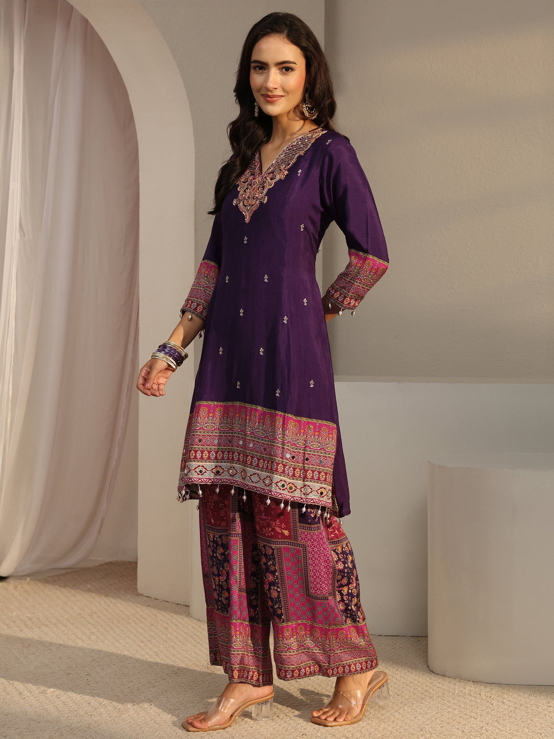  Libas Art Purple Ethnic Printed Silk Blend A-Line Suit Set With Dupatta 