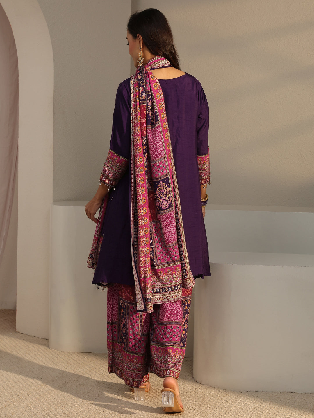  Libas Art Purple Ethnic Printed Silk Blend A-Line Suit Set With Dupatta 
