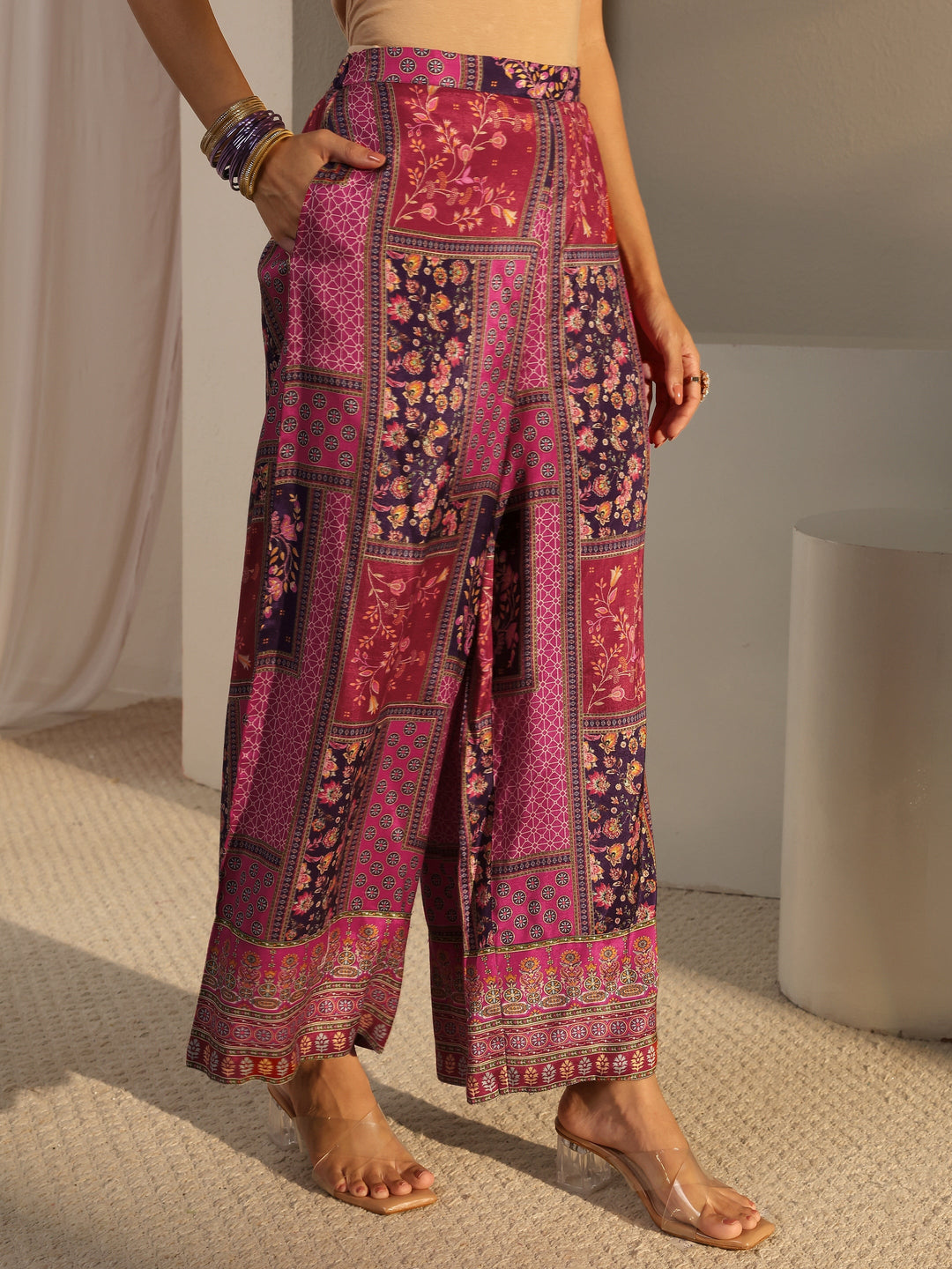  Libas Art Purple Ethnic Printed Silk Blend A-Line Suit Set With Dupatta 