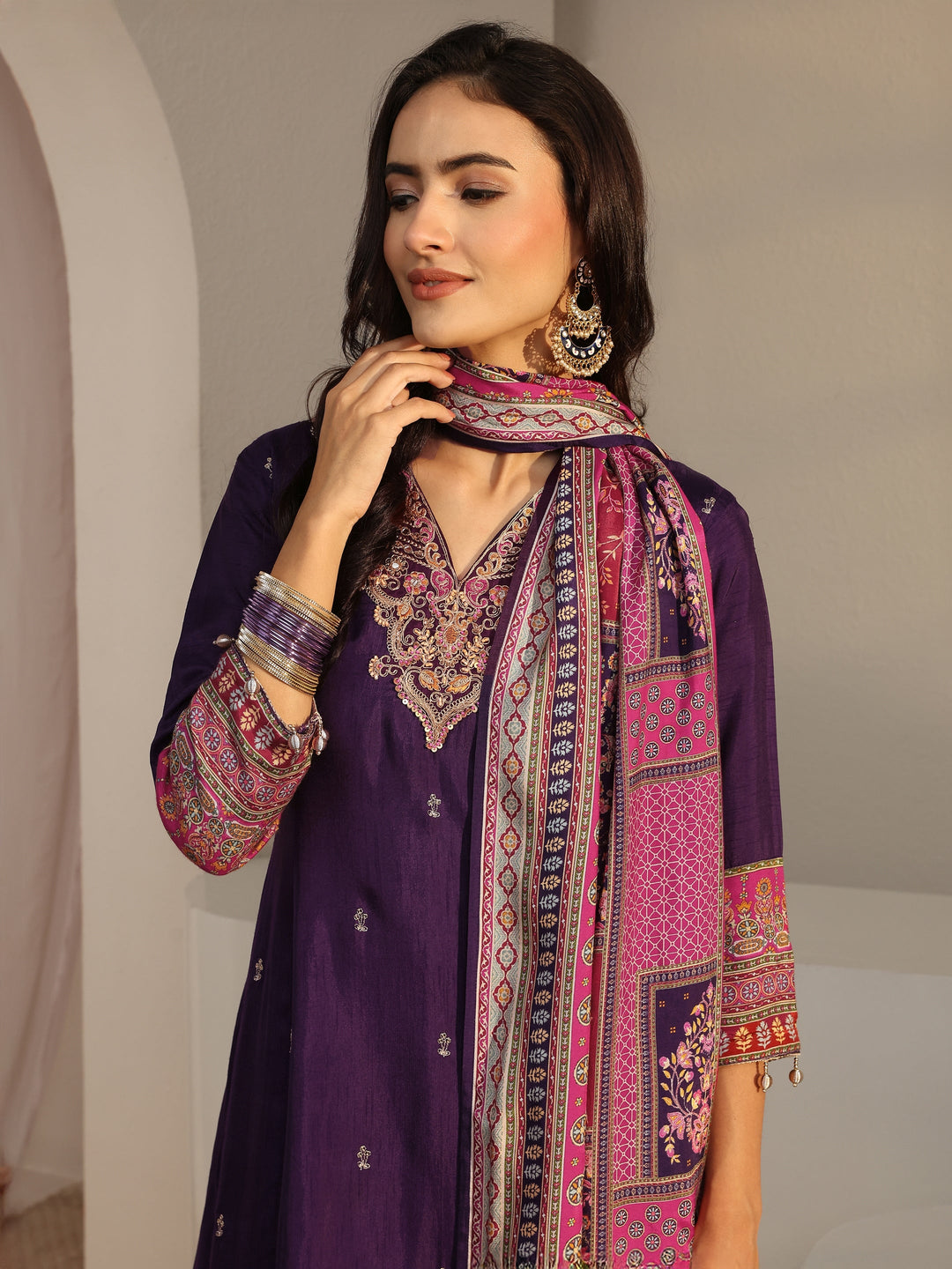  Libas Art Purple Ethnic Printed Silk Blend A-Line Suit Set With Dupatta 