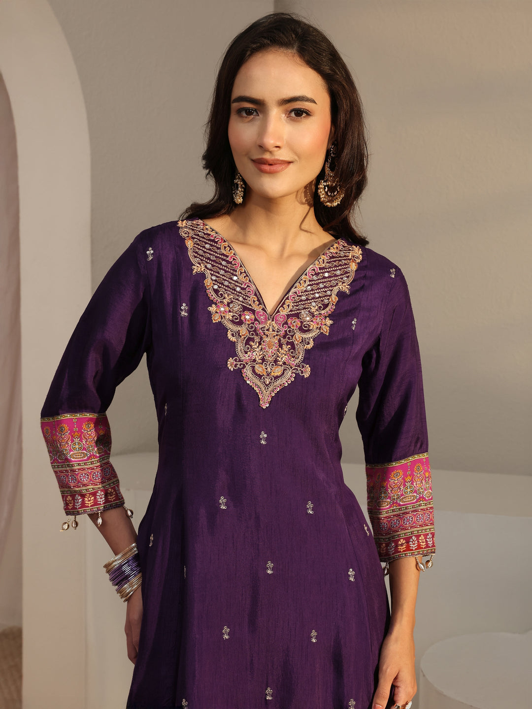  Libas Art Purple Ethnic Printed Silk Blend A-Line Suit Set With Dupatta 