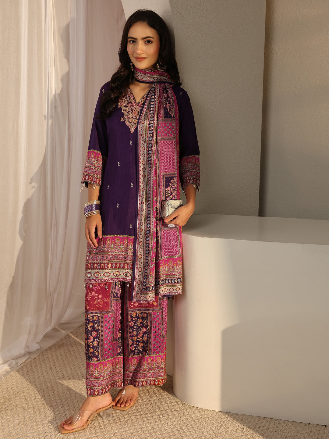  Libas Art Purple Ethnic Printed Silk Blend A-Line Suit Set With Dupatta 