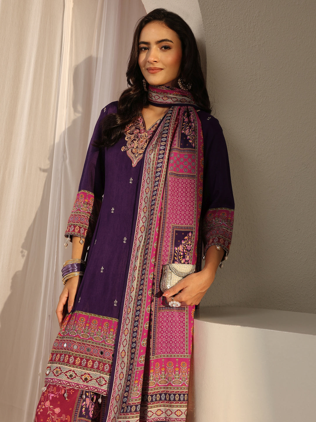 Libas Art Purple Ethnic Printed Silk Blend A-Line Suit Set With Dupatta 
