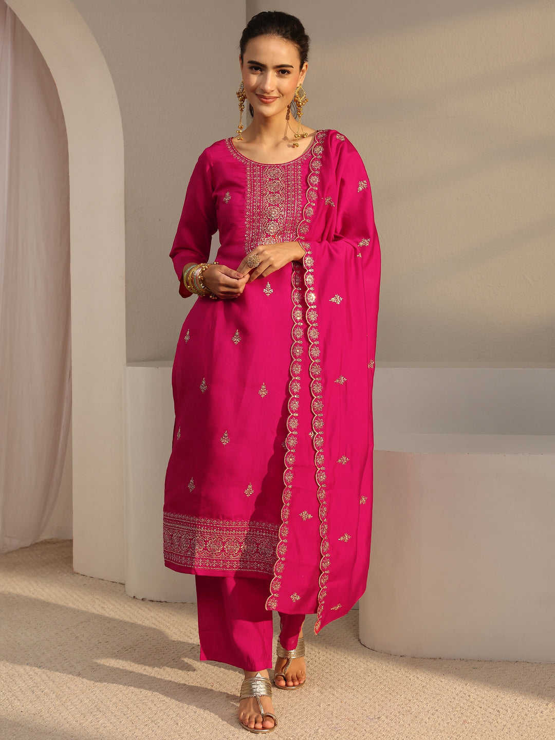  Pink Embroidered Chanderi Silk Straight Suit Set With Dupatta 