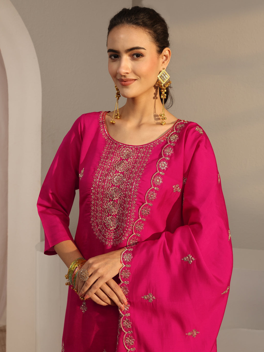  Pink Embroidered Chanderi Silk Straight Suit Set With Dupatta 