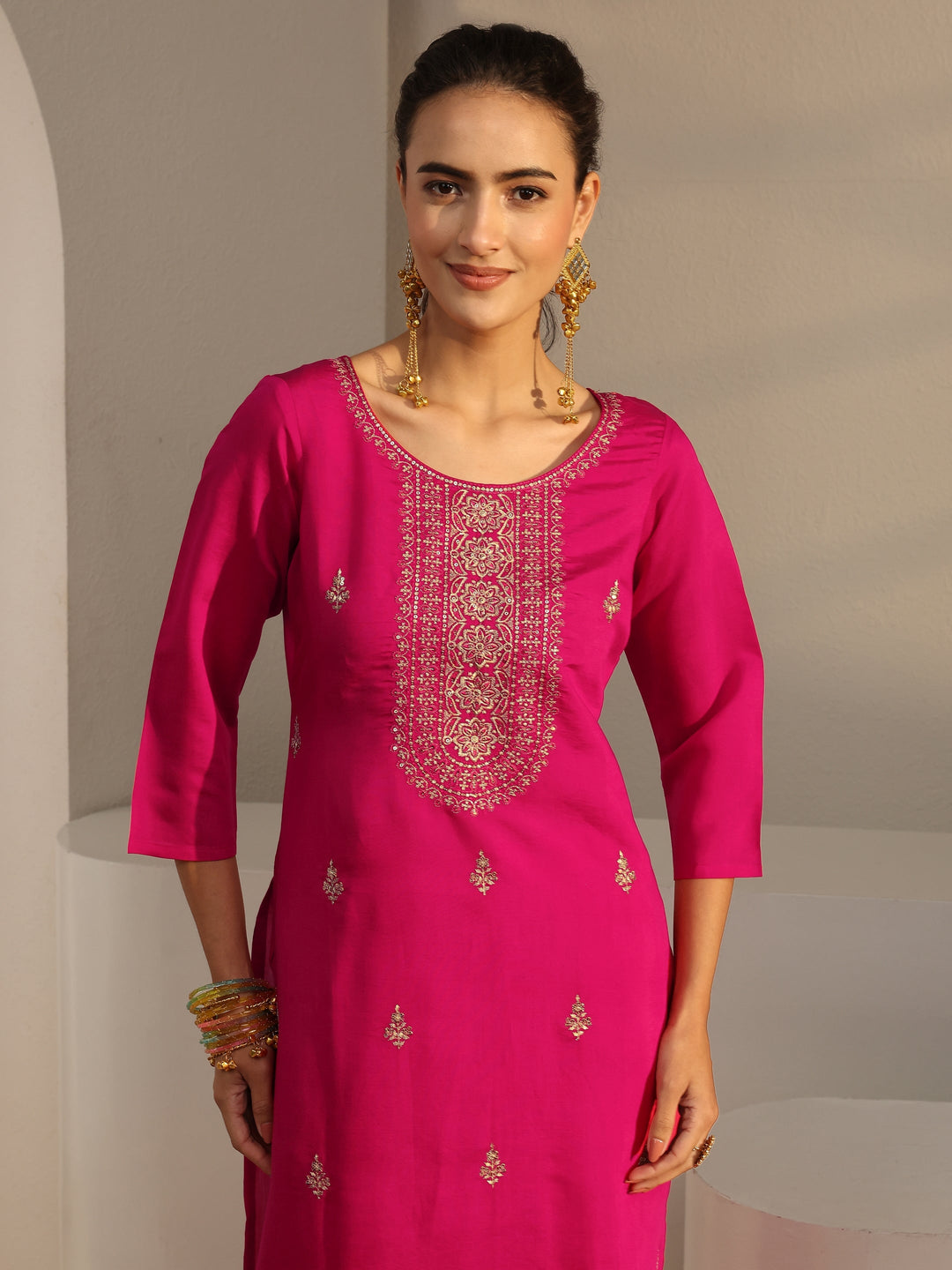  Pink Embroidered Chanderi Silk Straight Suit Set With Dupatta 