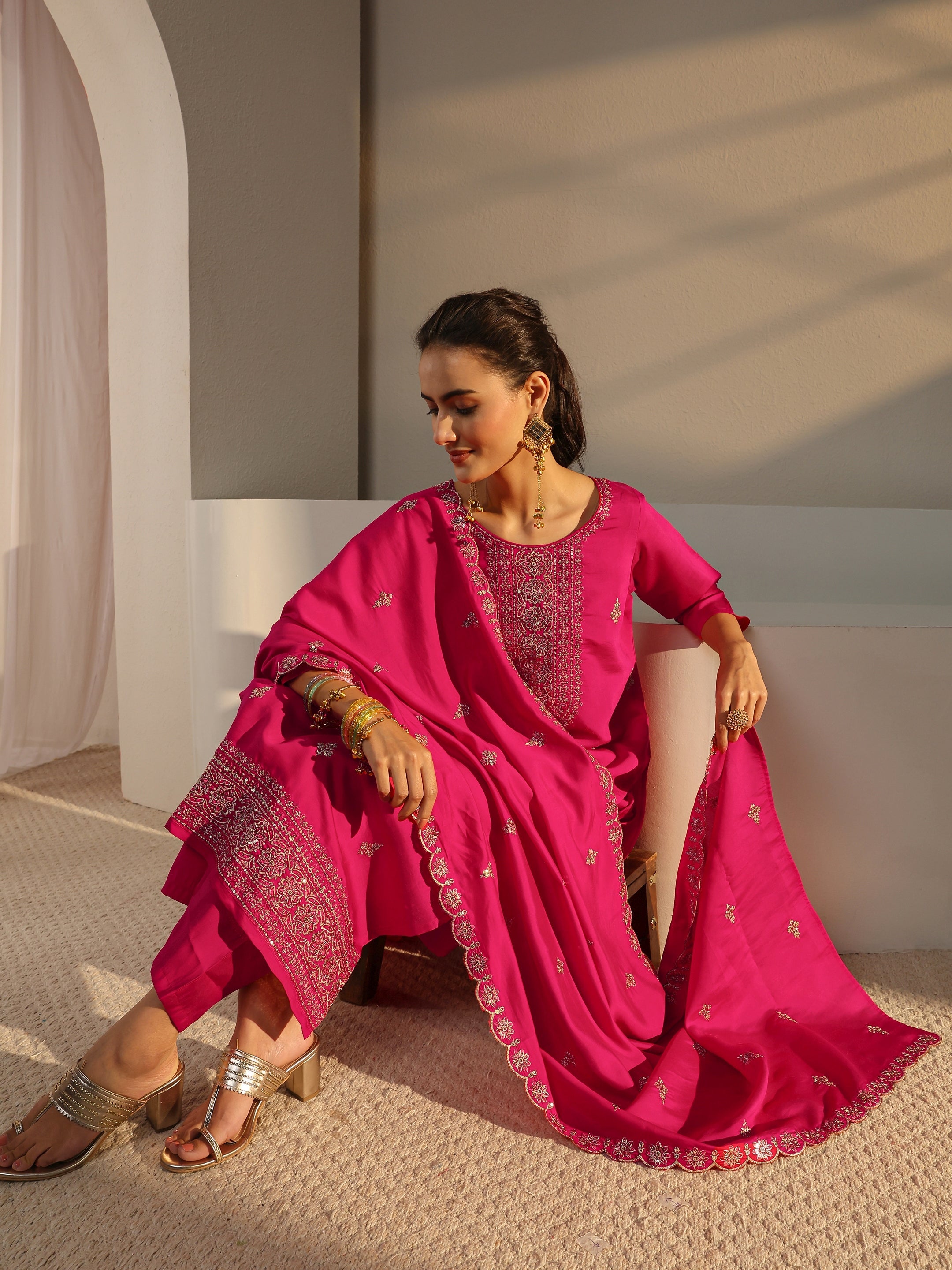 Libas Pink Embroidered Chanderi Silk Straight Suit Set With Dupatta-image-32
