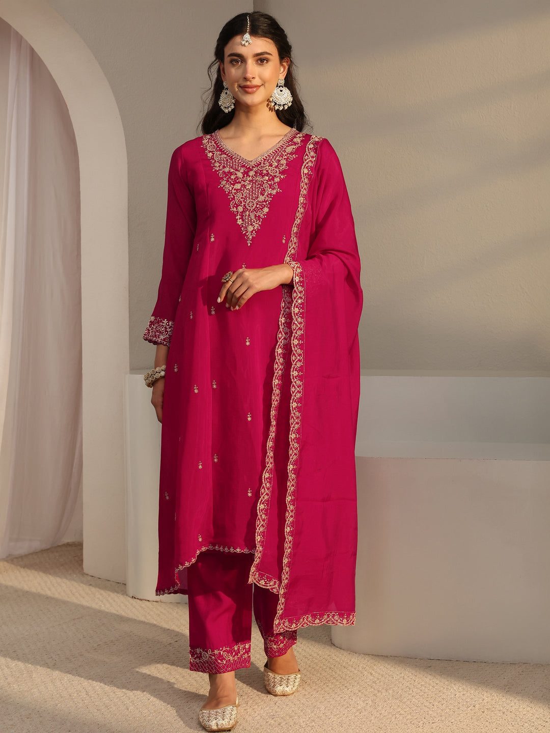  Pink Embroidered Chanderi Silk A-Line Suit Set With Dupatta 
