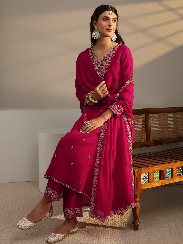 Libas Pink Embroidered Chanderi Silk A-Line Suit Set With Dupatta