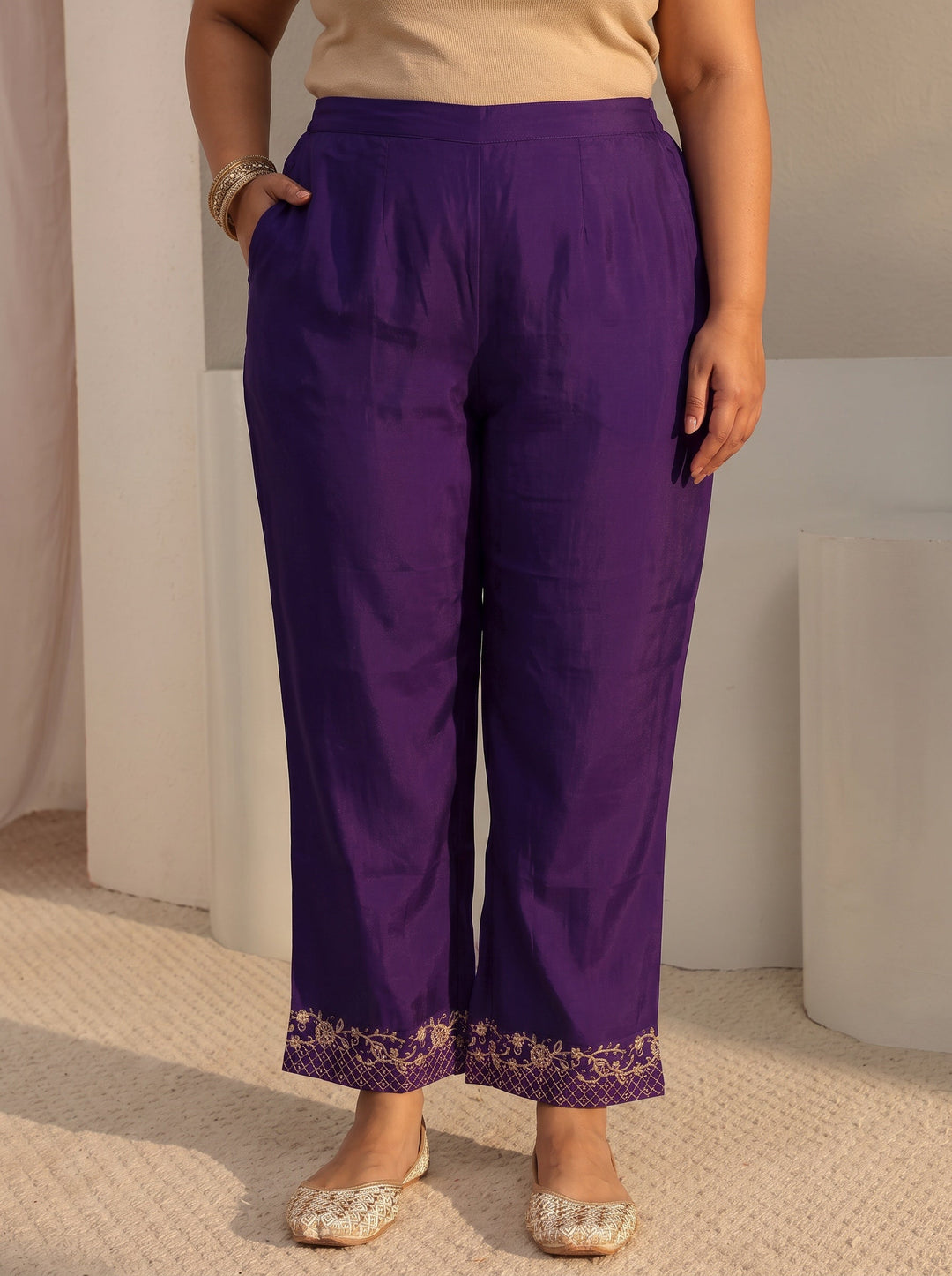  Plus Size Purple Embroidered Chanderi Silk A-Line Suit Set With Dupatta 