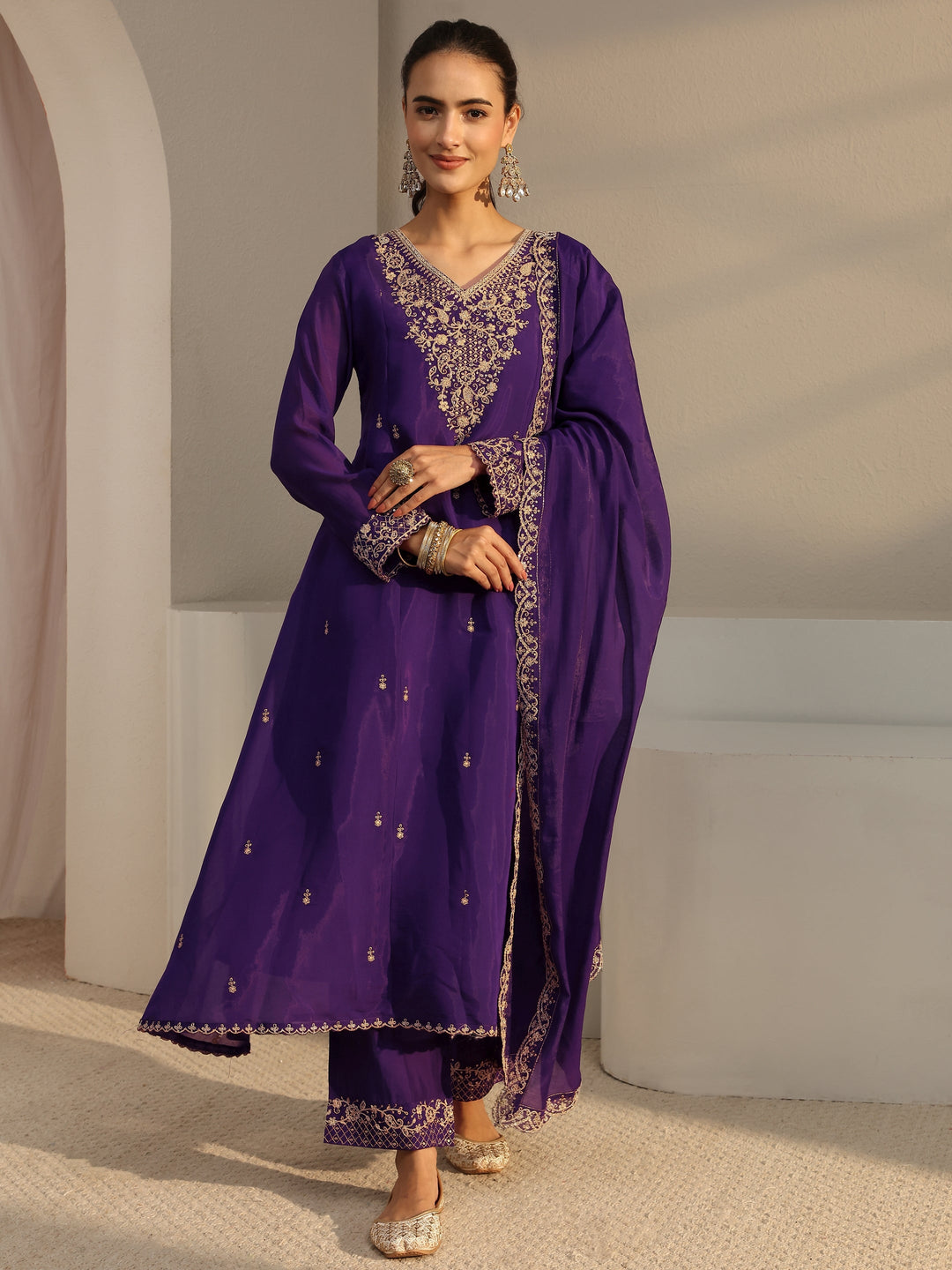  Purple Embroidered Chanderi Silk A-Line Suit Set With Dupatta 