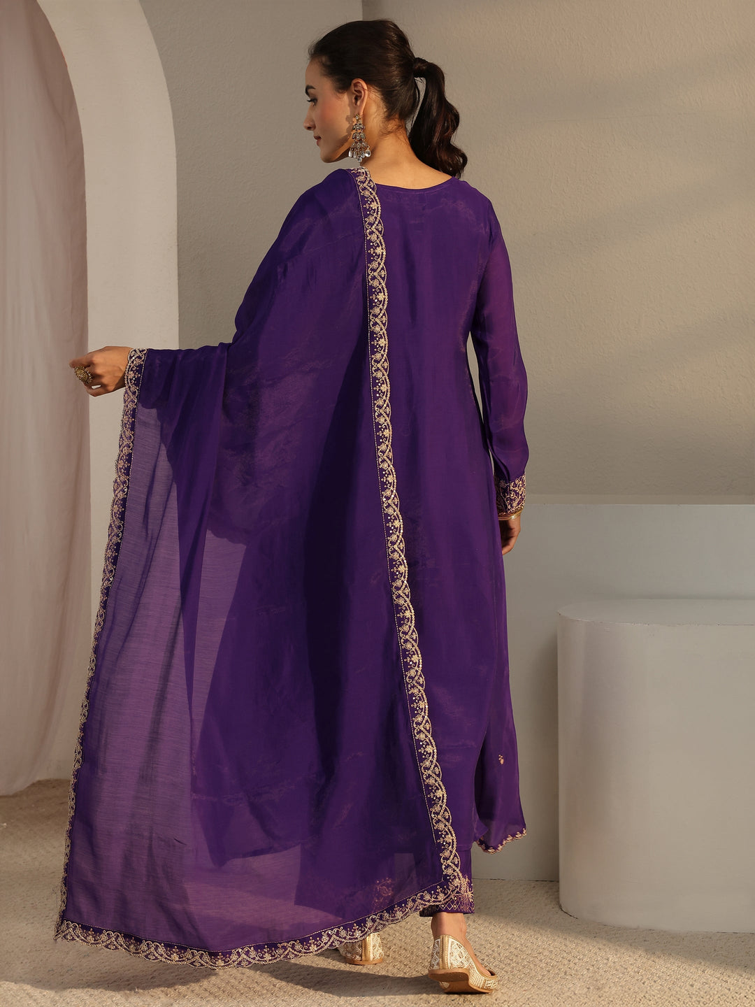  Purple Embroidered Chanderi Silk A-Line Suit Set With Dupatta 