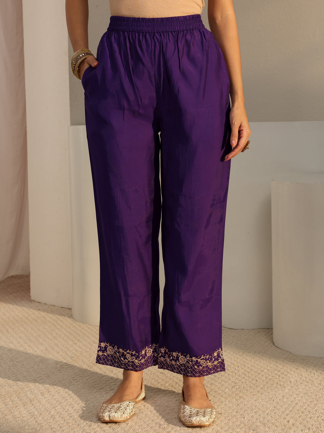  Purple Embroidered Chanderi Silk A-Line Suit Set With Dupatta 