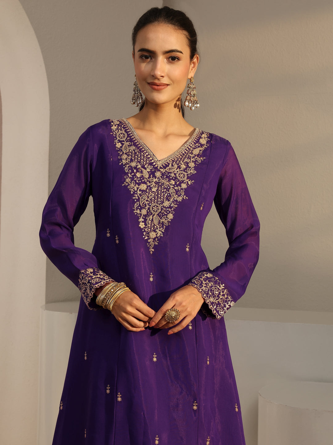  Purple Embroidered Chanderi Silk A-Line Suit Set With Dupatta 