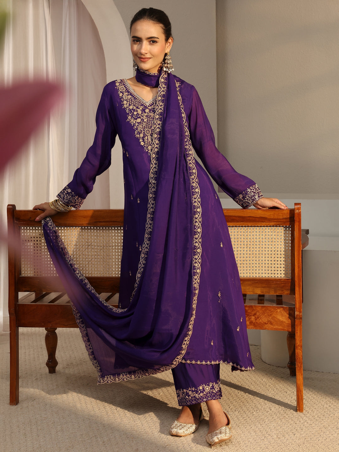  Purple Embroidered Chanderi Silk A-Line Suit Set With Dupatta 