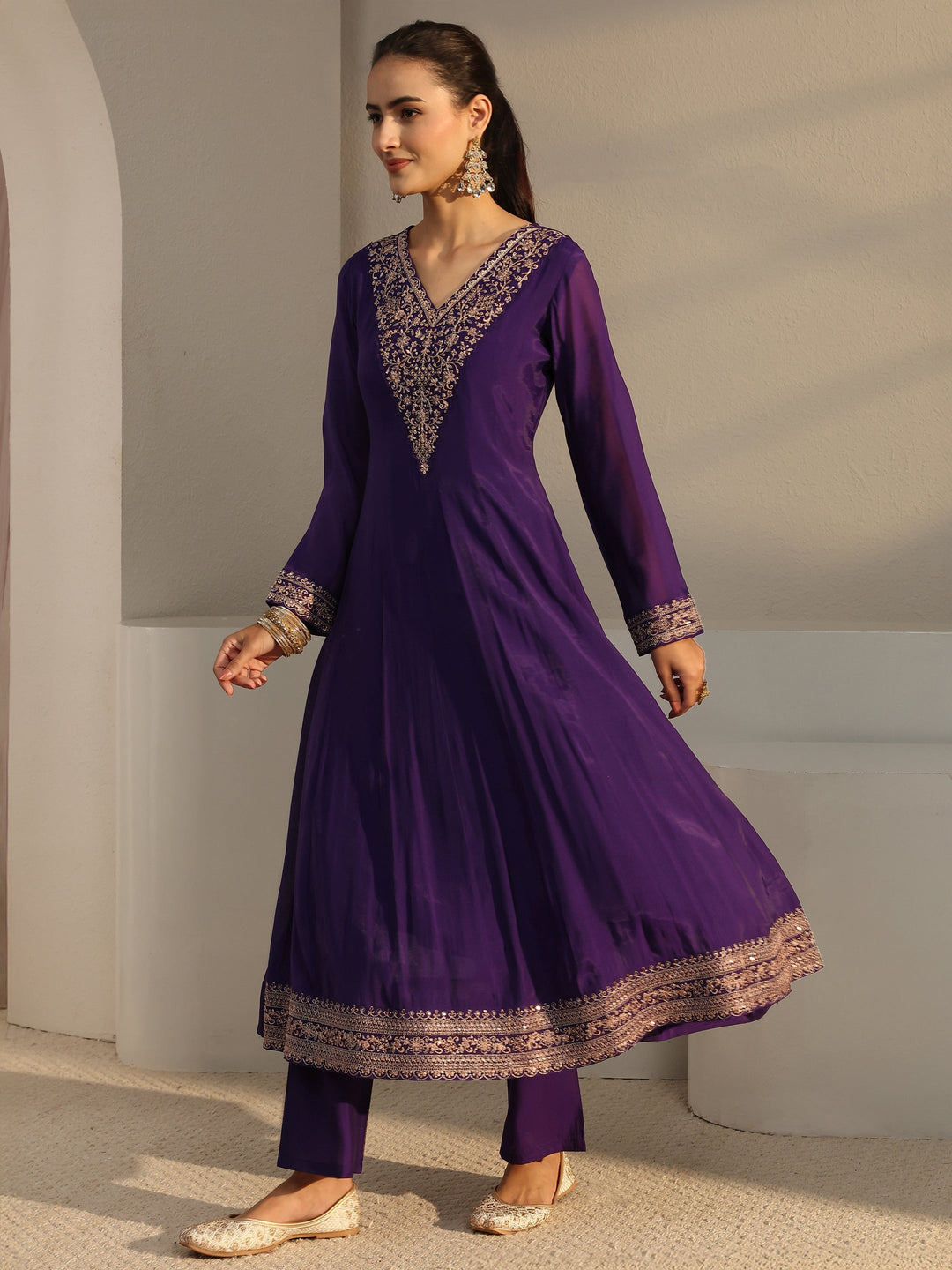  Purple Floral Embroidered Chanderi Silk A-Line Suit Set With Dupatta 