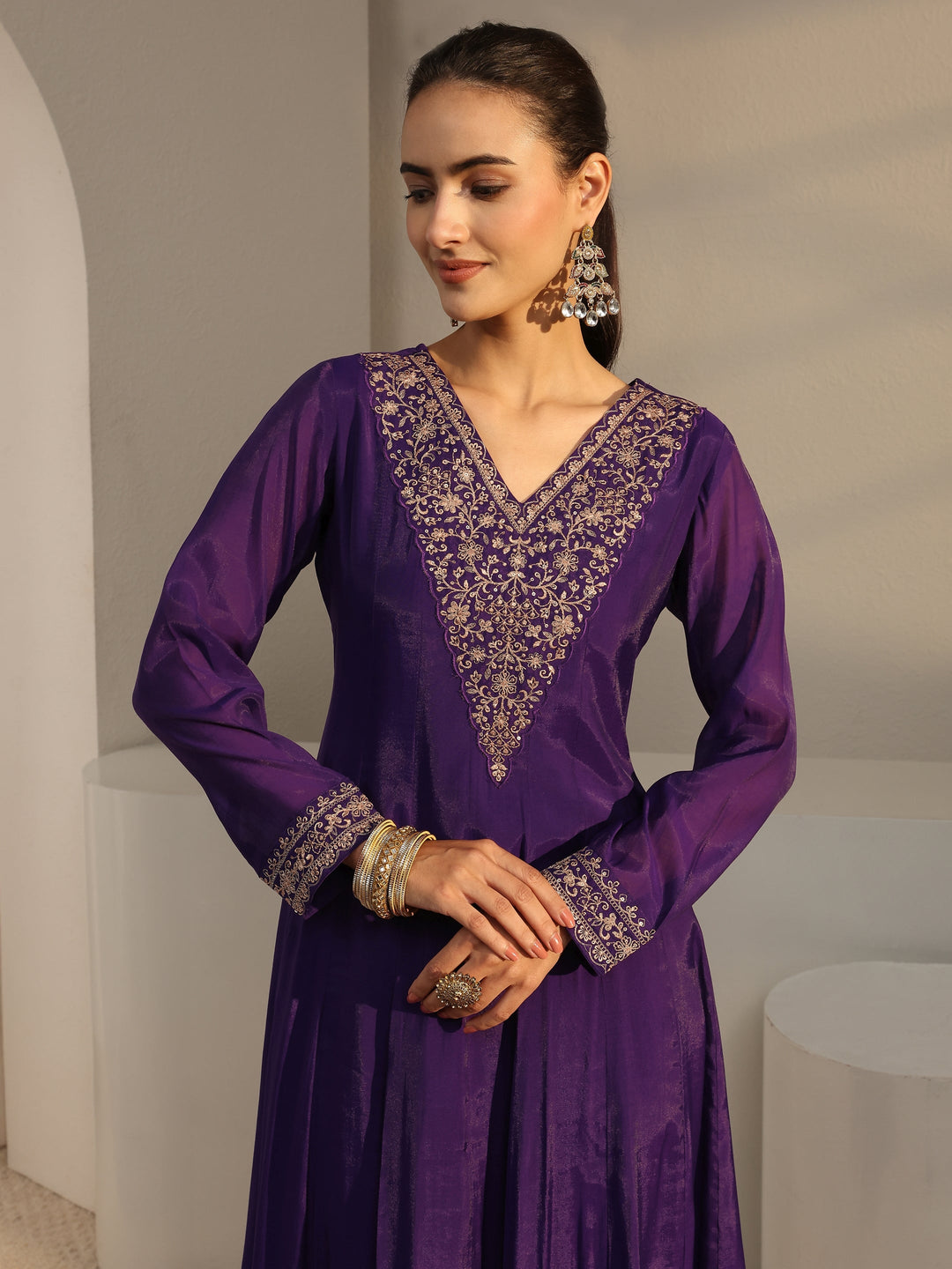  Purple Floral Embroidered Chanderi Silk A-Line Suit Set With Dupatta 