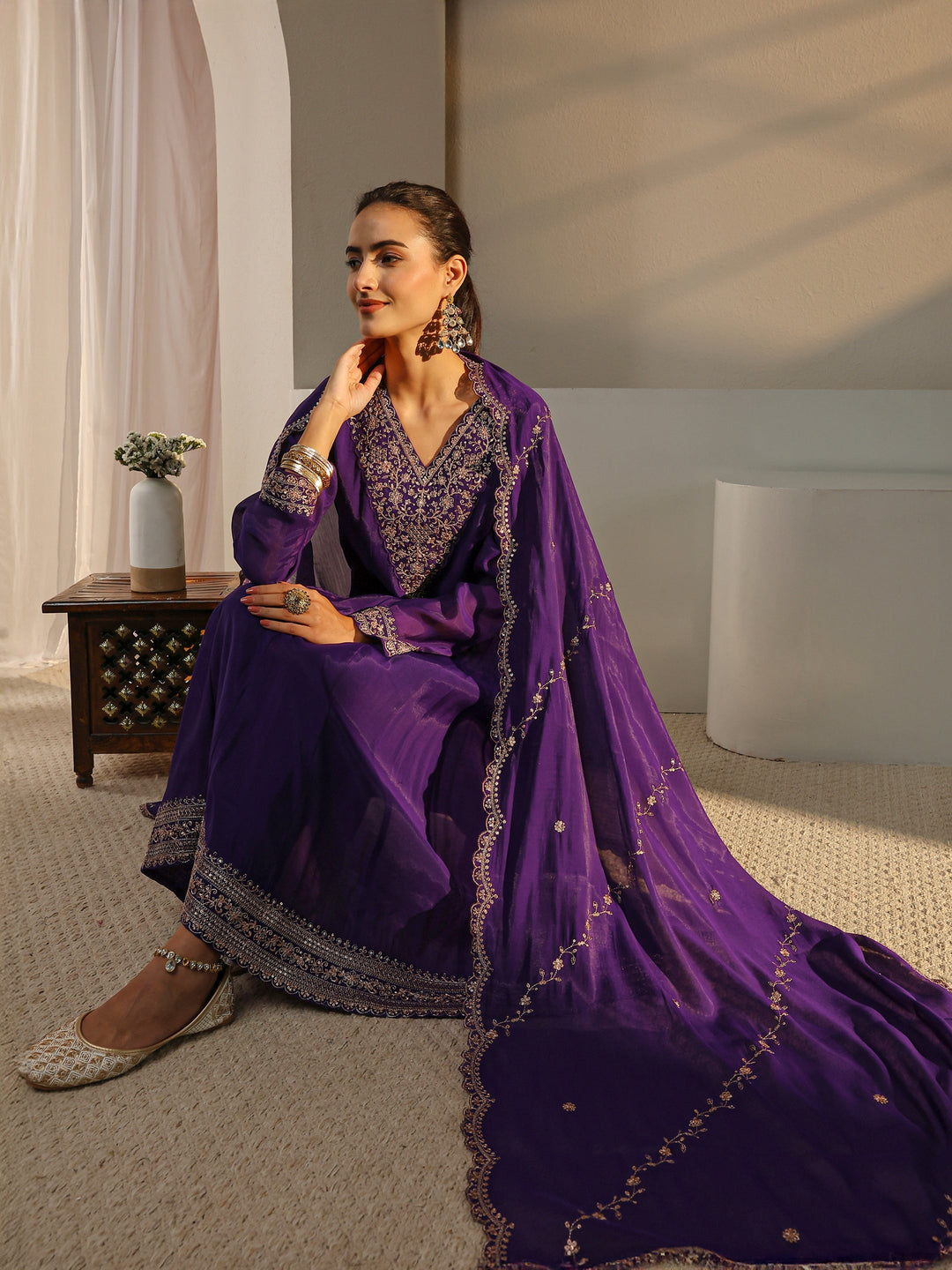  Purple Floral Embroidered Chanderi Silk A-Line Suit Set With Dupatta 