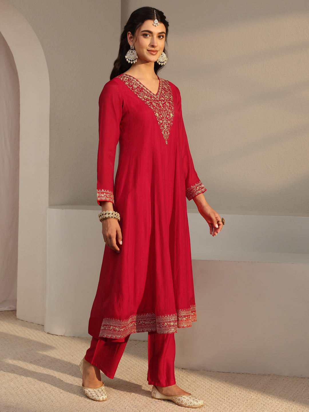  Red Embroidered Chanderi Silk A-Line Suit Set With Dupatta 