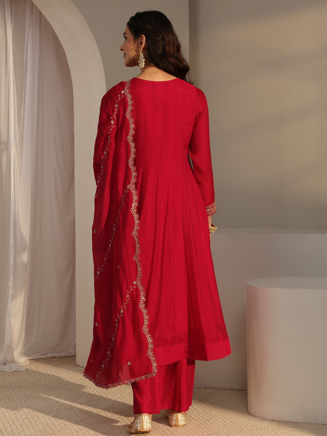  Red Embroidered Chanderi Silk A-Line Suit Set With Dupatta 
