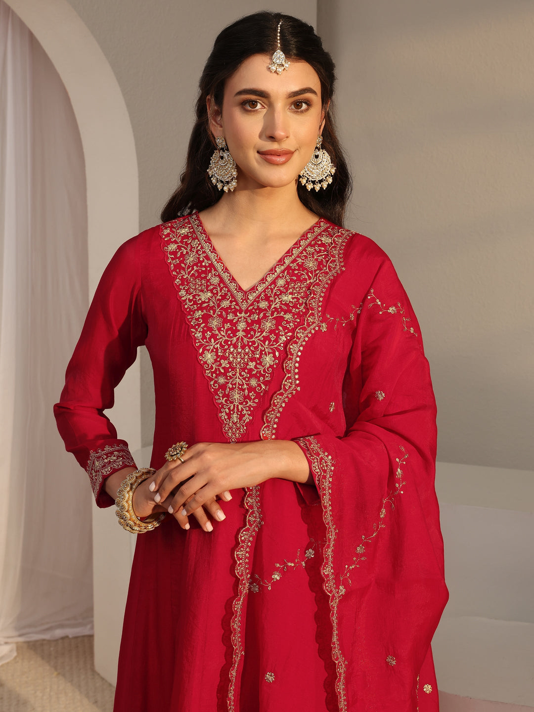 Red Embroidered Chanderi Silk A-Line Suit Set With Dupatta 