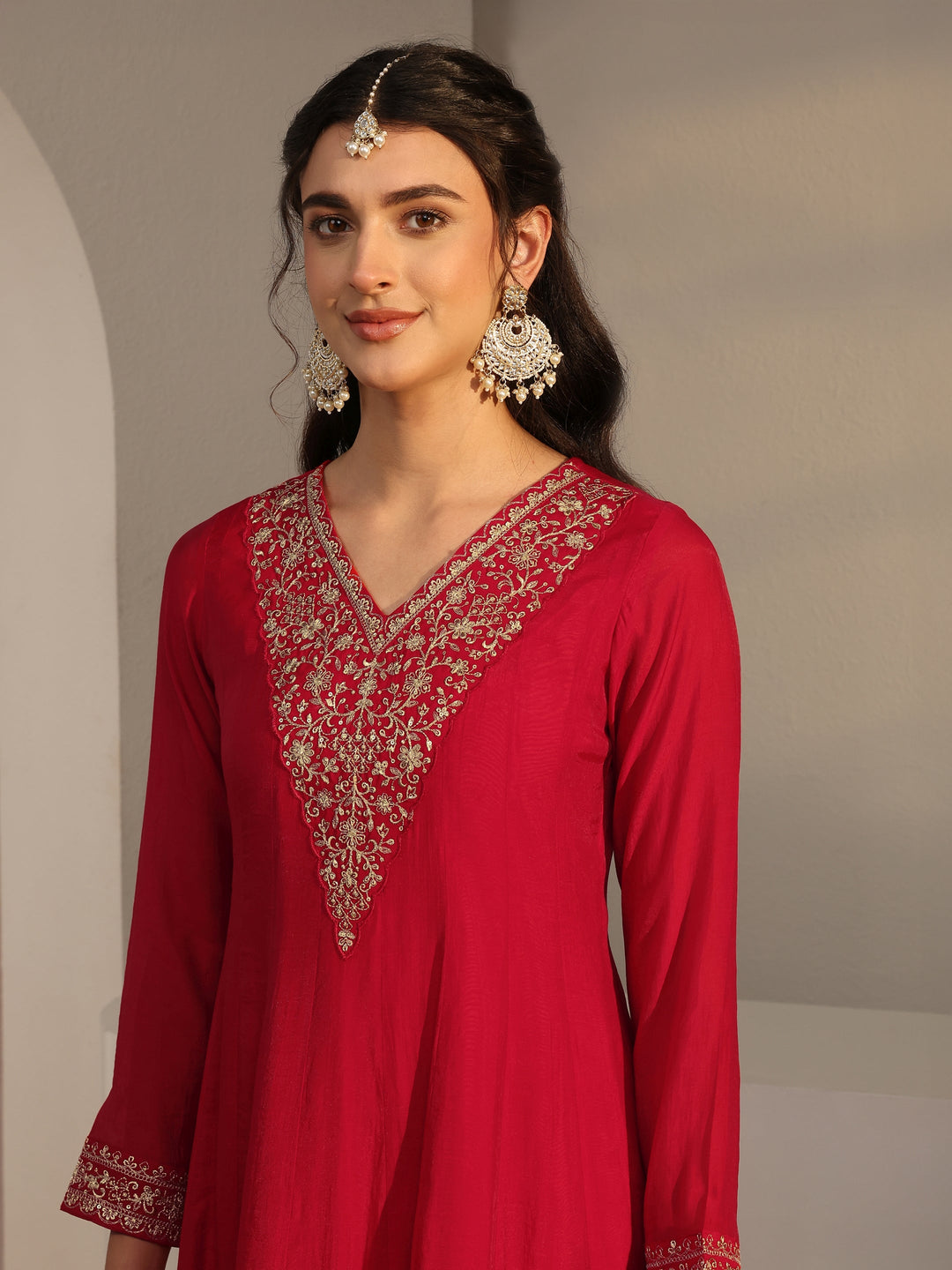  Red Embroidered Chanderi Silk A-Line Suit Set With Dupatta 