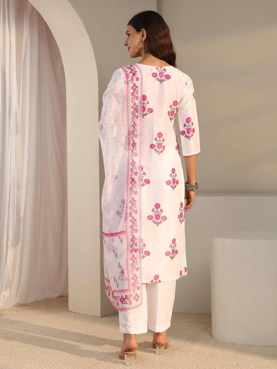 White Floral Printed Cotton Blend Straight Suit Set With Dupatta 