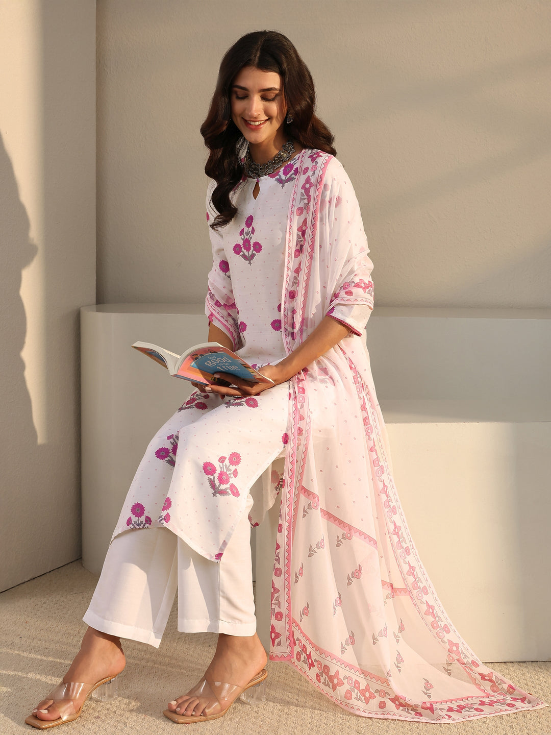  White Floral Printed Cotton Blend Straight Suit Set With Dupatta 