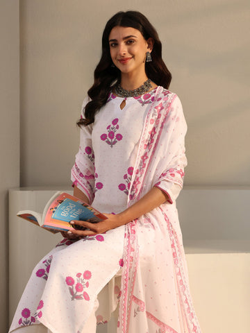 Libas White Floral Printed Cotton Blend Straight Suit Set With Dupatta