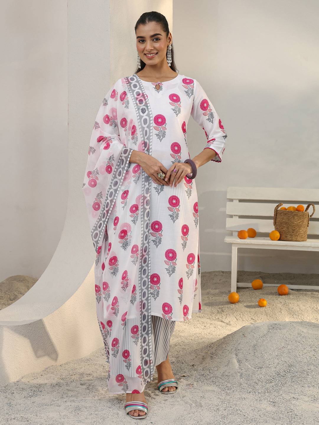  White Floral Printed Cotton Blend Straight Suit Set With Dupatta 