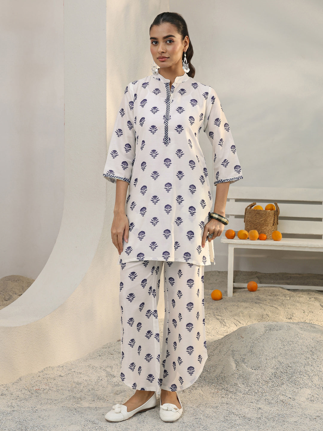  White Floral Printed Cotton Blend Co-Ord Set 