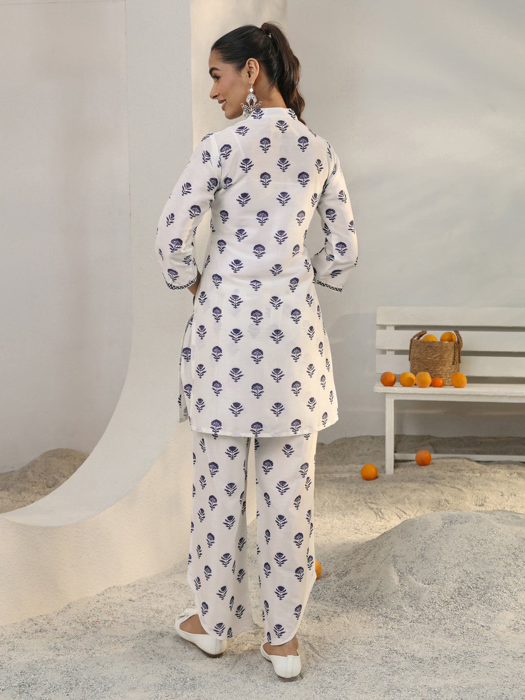  White Floral Printed Cotton Blend Co-Ord Set 