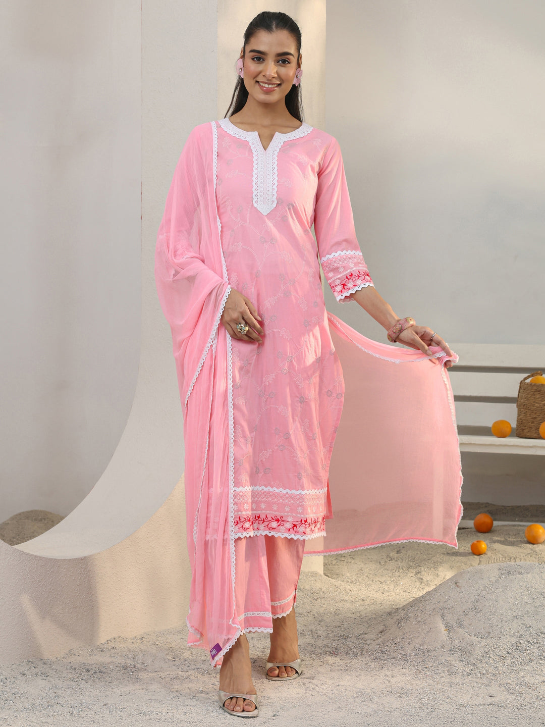  Pink Floral Embroidered Cotton Straight Suit Set With Dupatta 