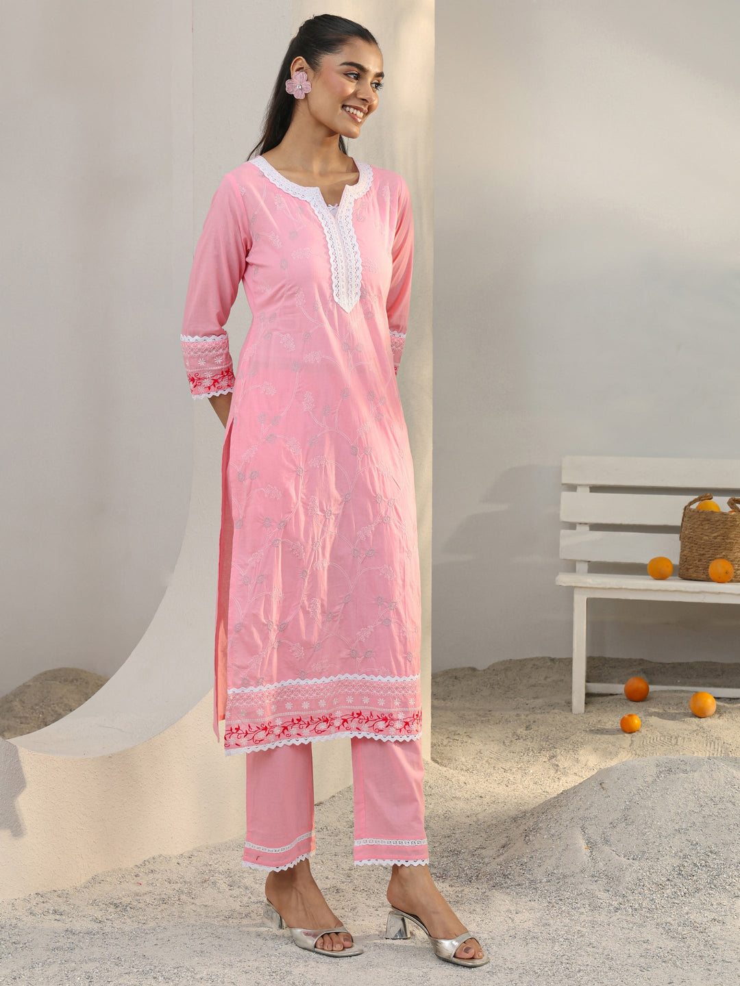  Pink Floral Embroidered Cotton Straight Suit Set With Dupatta 