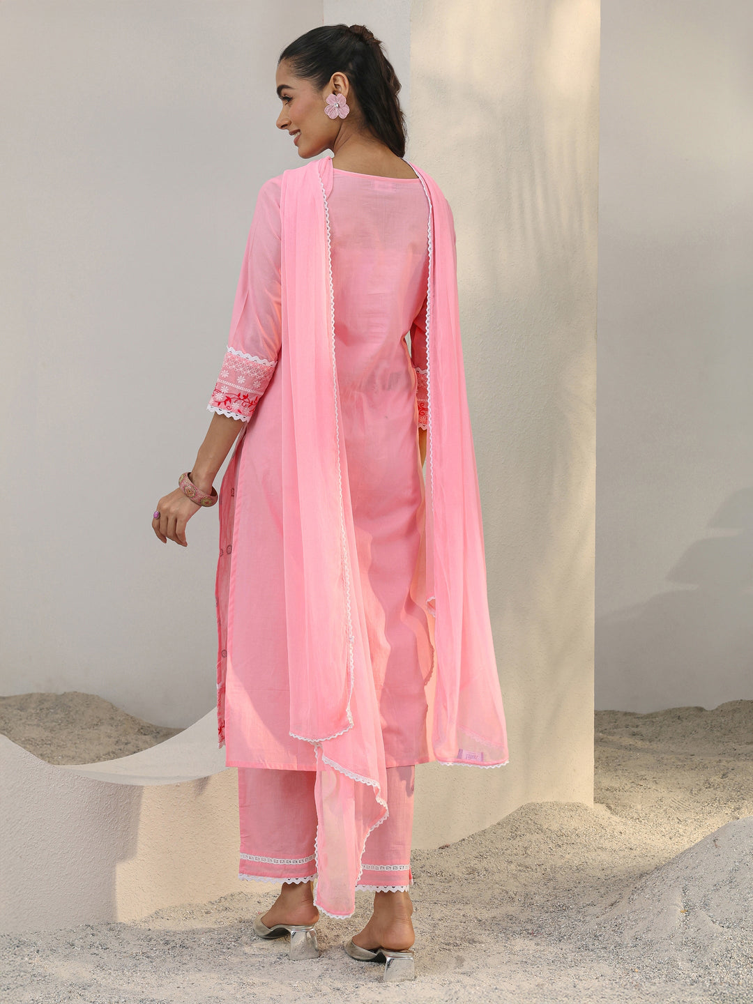  Pink Floral Embroidered Cotton Straight Suit Set With Dupatta 