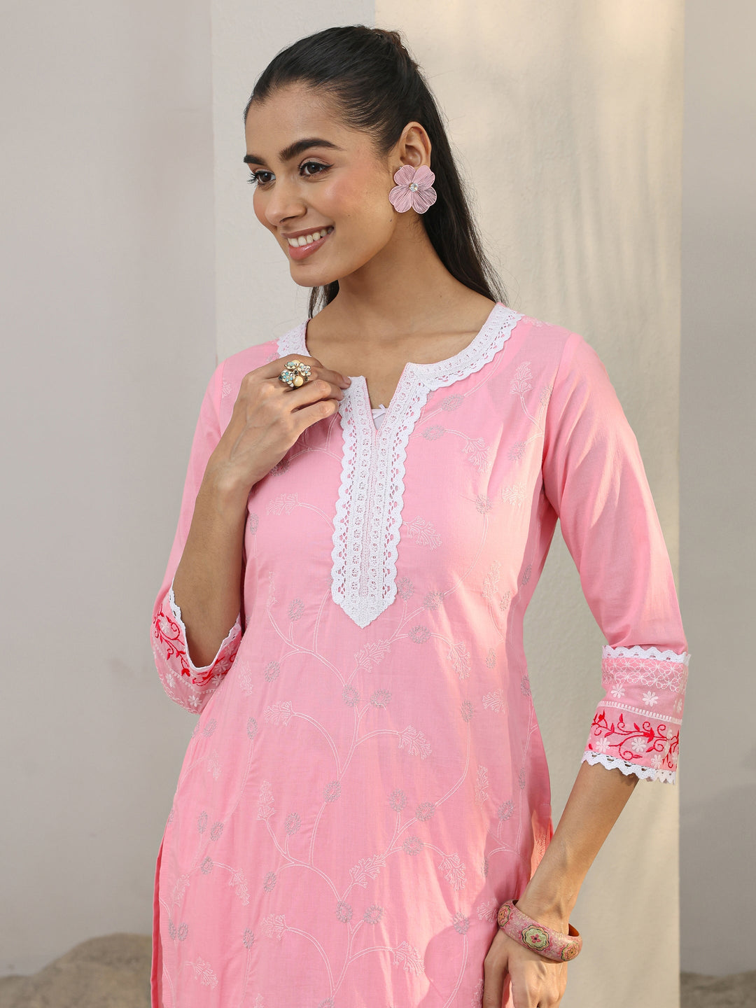  Pink Floral Embroidered Cotton Straight Suit Set With Dupatta 