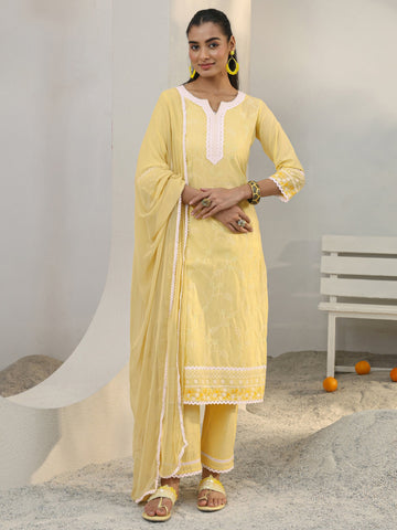 Libas Yellow Floral Embroidered Cotton Straight Suit Set With Dupatta