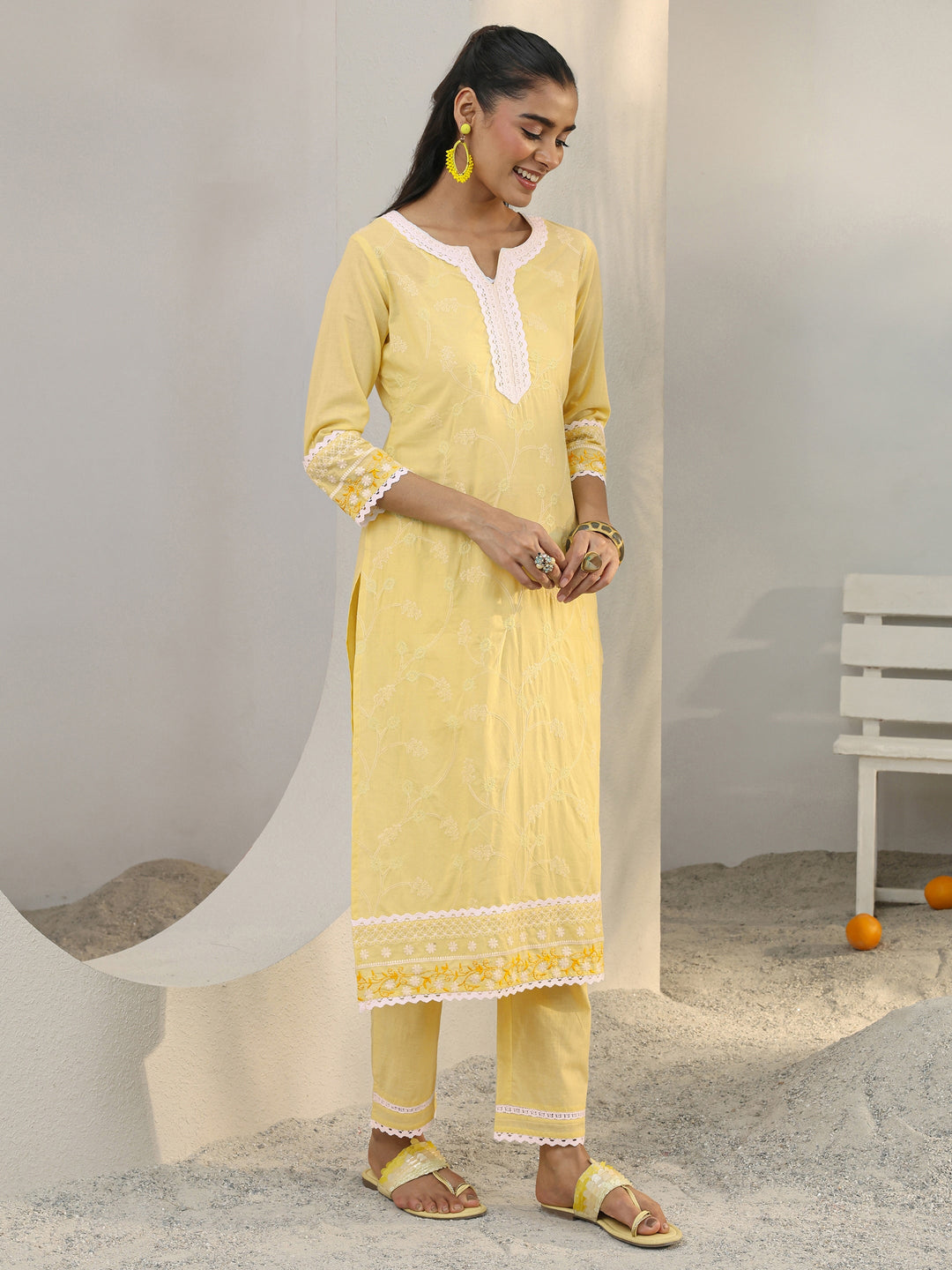  Yellow Floral Embroidered Cotton Straight Suit Set With Dupatta 