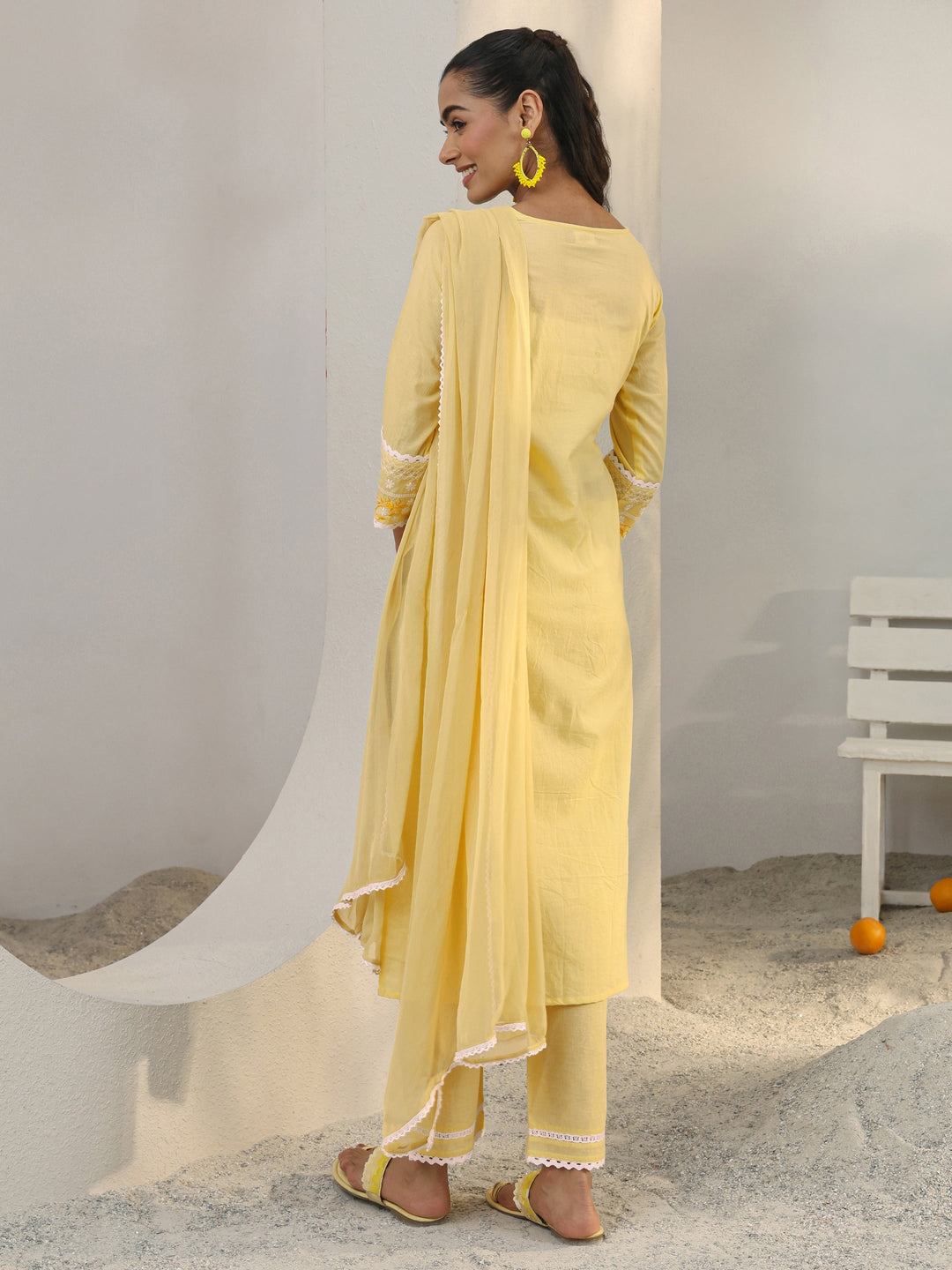  Yellow Floral Embroidered Cotton Straight Suit Set With Dupatta 