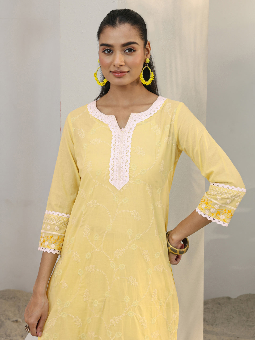  Yellow Floral Embroidered Cotton Straight Suit Set With Dupatta 