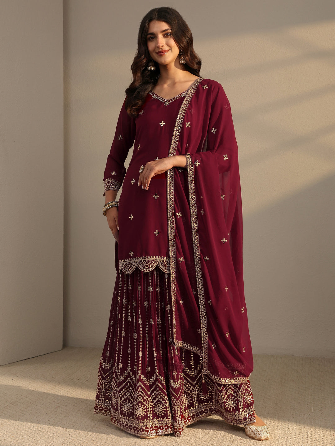  Libas Art Maroon Embellished Georgette Sharara Suit Set With Dupatta 