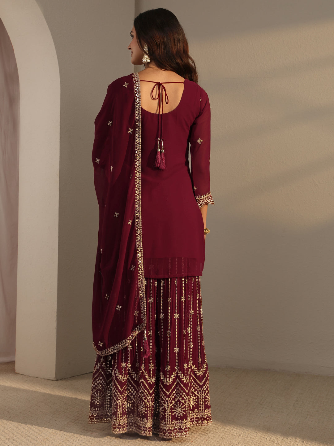  Libas Art Maroon Embellished Georgette Sharara Suit Set With Dupatta 
