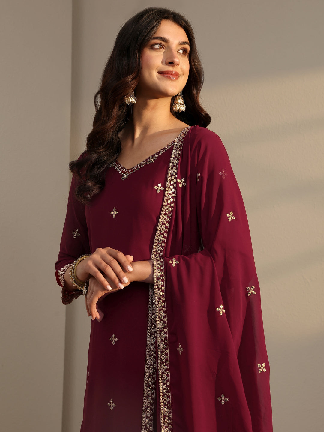  Libas Art Maroon Embellished Georgette Sharara Suit Set With Dupatta 