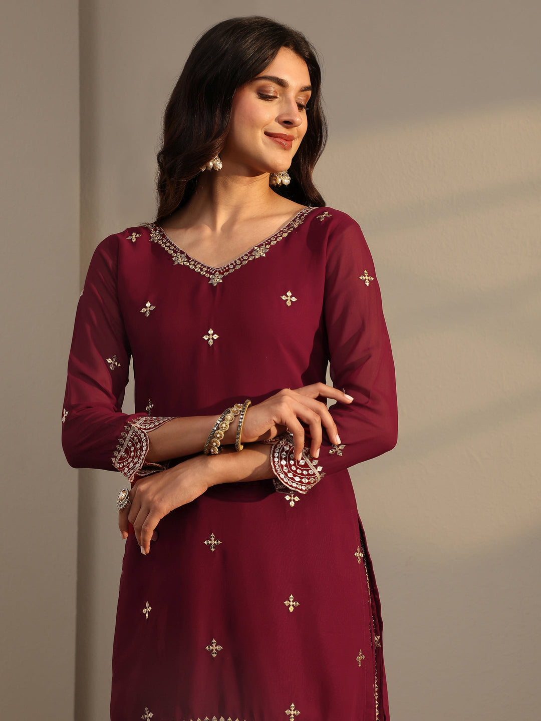  Libas Art Maroon Embellished Georgette Sharara Suit Set With Dupatta 