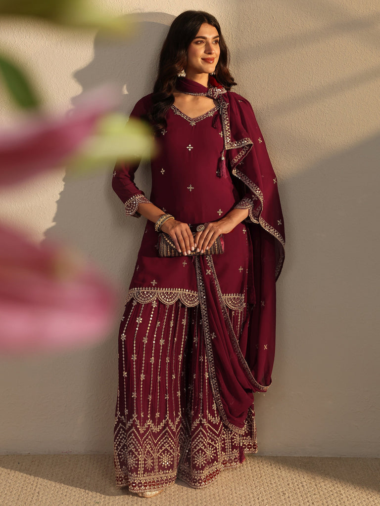 Libas Art Maroon Embellished Georgette Sharara Suit Set With Dupatta